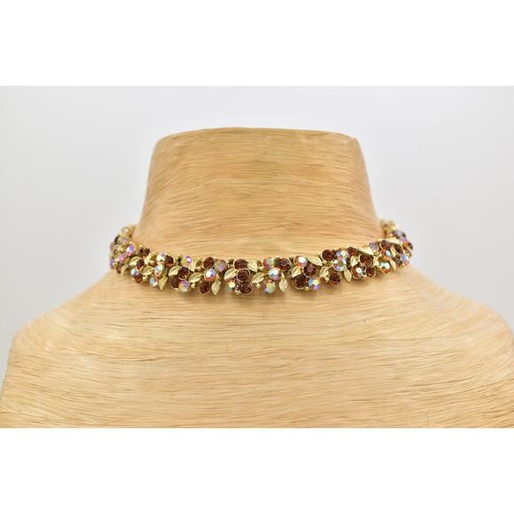 Charel Vintage Crystal Choker Collar Necklace Amber Aurora Borealis Signed BinBM - Picture 1 of 16